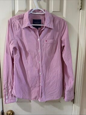 American Eagle Outfitters Pink and White Striped Dress Shirt
